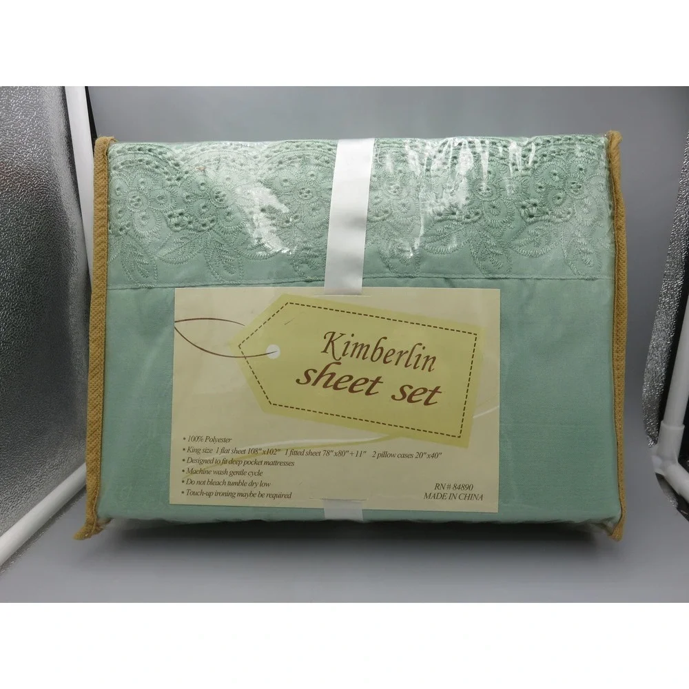 Kimberlin Sheet Set King Sage Green Floral Embroidery 4pc Deep Pocket Y7W CK